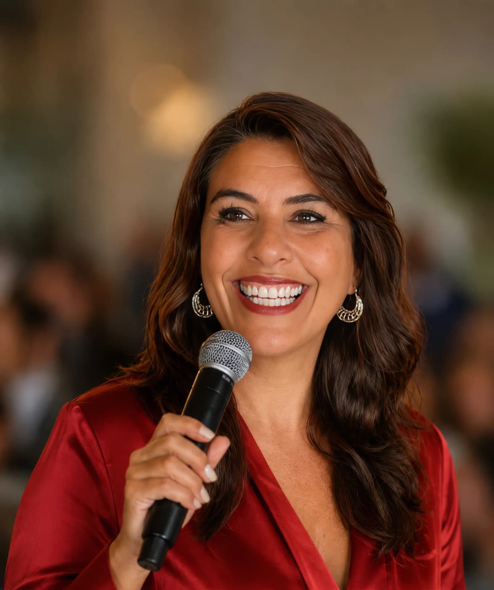 Anabella Polenta, sonriendo mientras comparte su mirada en un encuentro